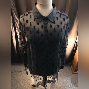 Hottopic size 4X Sheer Black flocked Coffin print button up shirt.